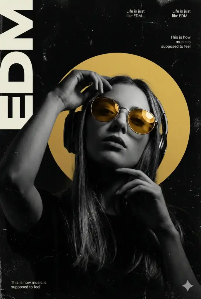 Create a dark, high-contrast EDM music poster with a moody, underground club aesthetic. The composition features a monochrome portrait of a young woman from the chest up, shot from a slightly low angle for attitude and power. She wears large over-ear headphones and reflective round sunglasses with warm amber-gold lenses that stand out vividly against the black-and-white portrait. One hand is raised near her head, the other near her chin, creating a dynamic, expressive pose associated with music immersion. Behind her head is a large flat golden-yellow circular shape, like a rising sun or spotlight, creating a strong focal point and visual contrast. The background is deep black with subtle grunge textures, dust, scratches, and poster-wear imperfections, giving it a raw, printed-flyer feel. Bold oversized vertical typography spelling "EDM" runs along the left side in tall, condensed, off-white letters, partially cropped by the edges of the poster. Small minimalist text elements and micro-copy are scattered subtly across the layout, including short phrases like "Life is just like EDM…" and "This is how music is supposed to feel," reinforcing the emotional connection to music.