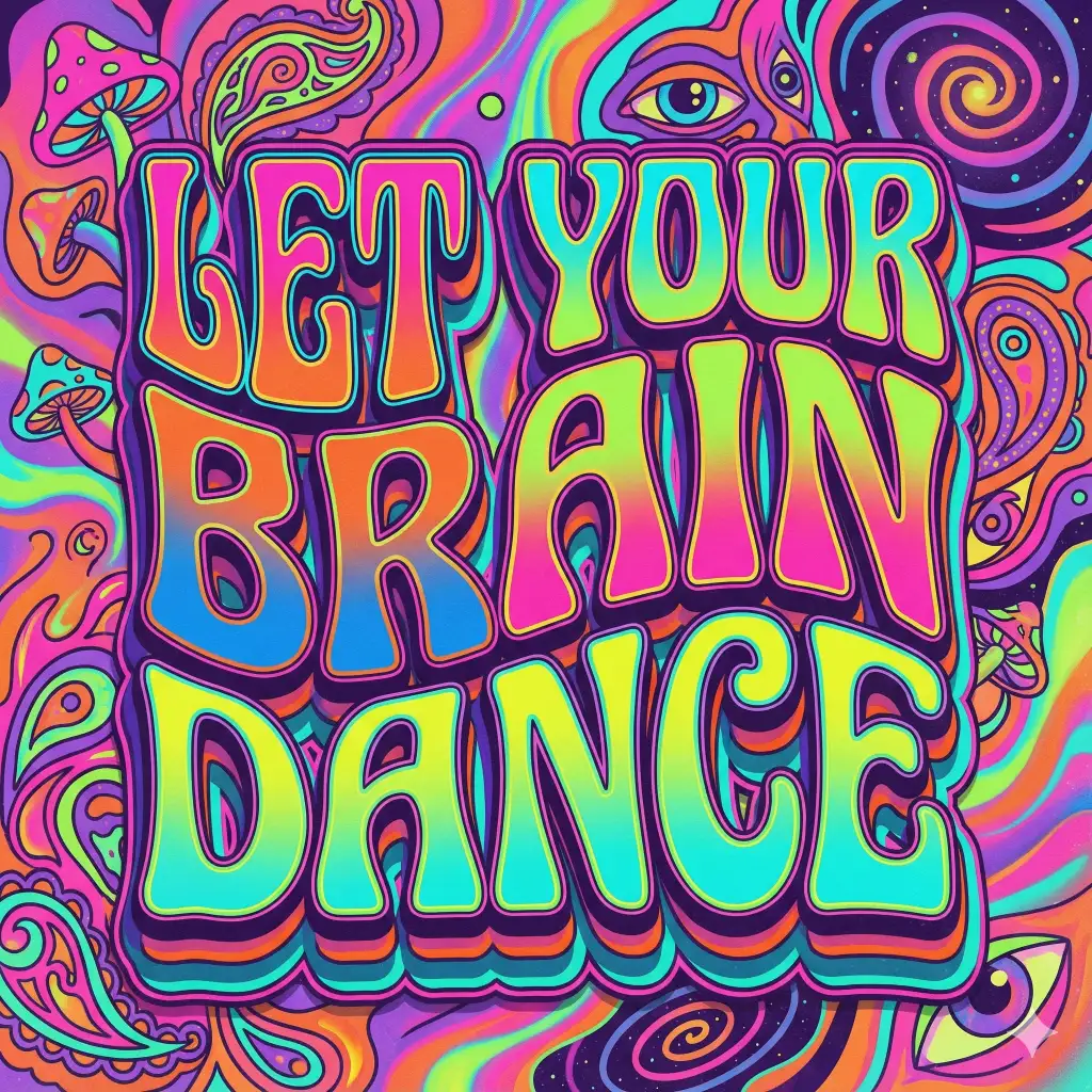 Create expressive psychedelic lettering featuring the text "LET YOUR BRAIN DANCE" with fluid melting letterforms, warped typography, and organic shapes. Use bright retro colors with neon accents, layered shadows, and subtle grain. Surround the lettering with swirling patterns and surreal decorative elements. Use aspect ratio 1:1.