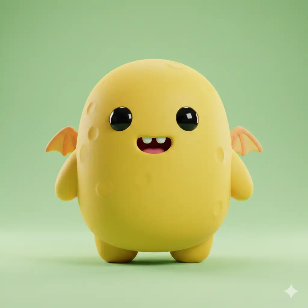 Create an ultra cute yellow monster with tiny dragon wings and a soft, rounded bean shaped body. Place the character on a smooth pastel green background. The monster has expressive eyes and a delighted grin, with glossy highlights that add charm. The style is 3D cartoon with gentle subsurface glow, soft shadows, and high quality lighting inspired by Blender animations. The surface texture is smooth and plush-like, with vibrant solid colors. The overall design is simple, adorable, and full of personality. Use aspect ratio 1:1.