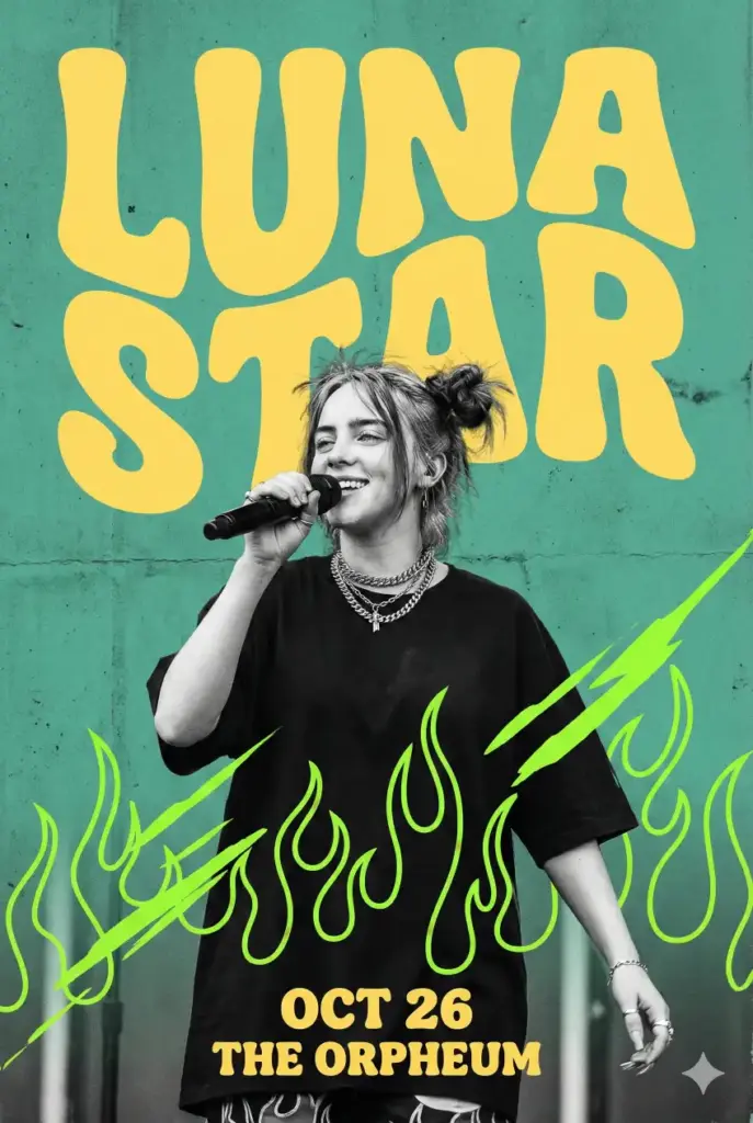 Create a vertical dramatic, minimalist music poster featuring a close-up portrait of a young woman with deep auburn hair and soft, natural makeup. She is turned slightly sideways, looking back over her shoulder toward the camera with a calm, introspective, emotionally charged expression. Her bare shoulders and clean styling give the image a timeless, intimate feel. The background is a rich, dark burgundy red with subtle grain and texture, creating warmth and emotional depth. Overlaid on top of the portrait is oversized, bold, condensed white typography spelling "SHE" in all caps. The letters are extremely large and act as a graphic frame, partially masking and slicing through the portrait so that the subject appears integrated within the typography. The typography is clean, modern, and high-contrast, with sharp edges and tight spacing, creating a striking visual hierarchy. The subject's face aligns carefully between the vertical strokes of the letters, enhancing balance and intentional design. At the very top, a small line of editorial text appears in fine white type, resembling an album or song description—minimal, subtle, and secondary to the main visual. The overall composition is centered, bold, and poster-like, with a strong focus on identity and mood.