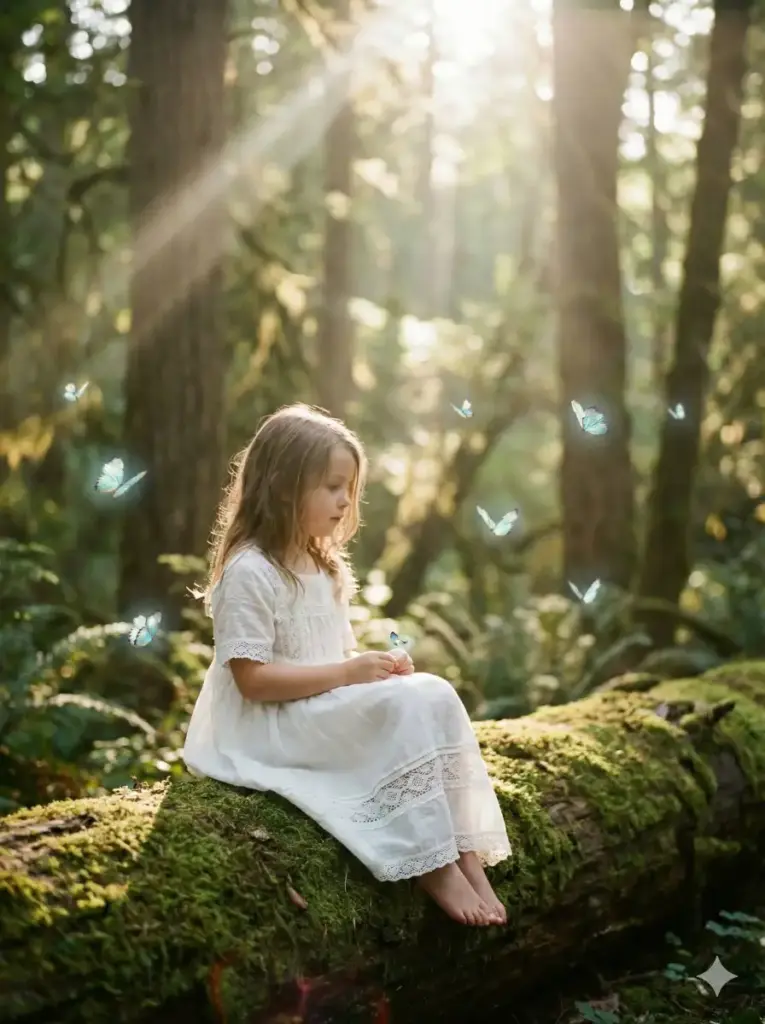 Create a soft photo of a young girl sitting on a mossy log inside a lush forest. She wears a simple white dress with lace details. Her posture is relaxed as she watches glowing butterflies surrounding her. Sunbeams fall through the trees and create soft highlights. Use aspect ratio 3:4.