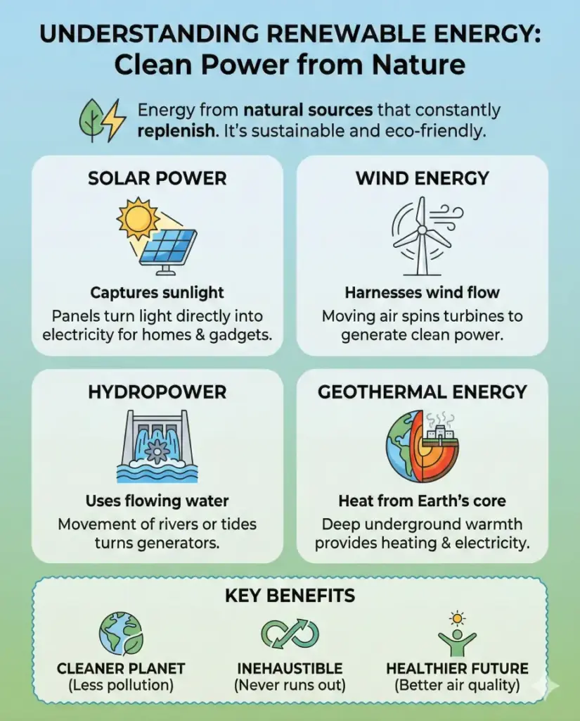 Create an informational infographic explaining the topic of renewable energy in simple language, using clean icons, short text blocks, clear headings, and a calm color palette of green and blue. The layout should be well spaced, easy to scan, and suitable for blog readers. Use aspect ratio 4:5.