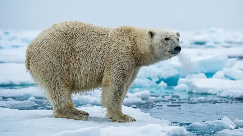Create a high-resolution wildlife photograph of a polar bear standing on melting Arctic ice, thick white fur with subtle texture and shadows, visible breath in cold air, icy blue water and floating ice chunks in the background, soft overcast polar lighting, realistic environmental storytelling, National Geographic documentary style. Use aspect ratio 16:9.