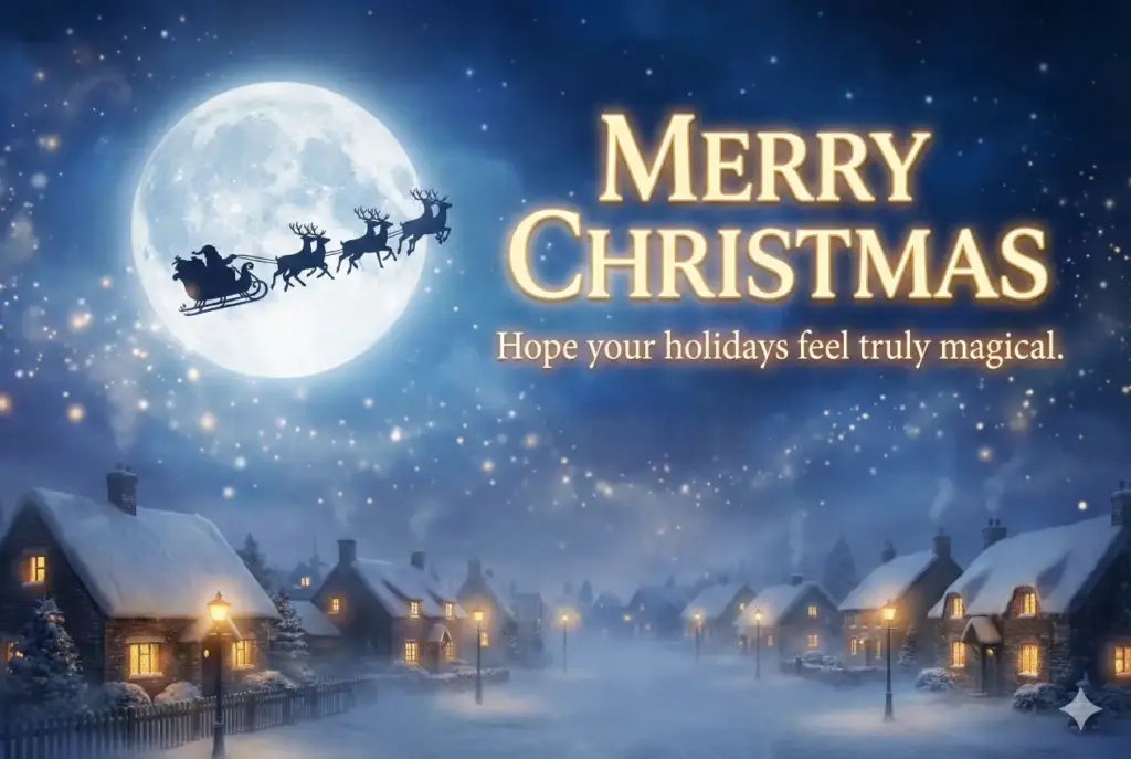 Create a magical night sky with Santa's sleigh flying across a glowing moon. Add a snowy town below with warm lights and gentle fog. Use rich blues and soft sparkles for atmosphere. Add bold festive text that reads Merry Christmas. Add a smaller line under it that reads Hope your holidays feel truly magical. Use aspect ratio 3:2.