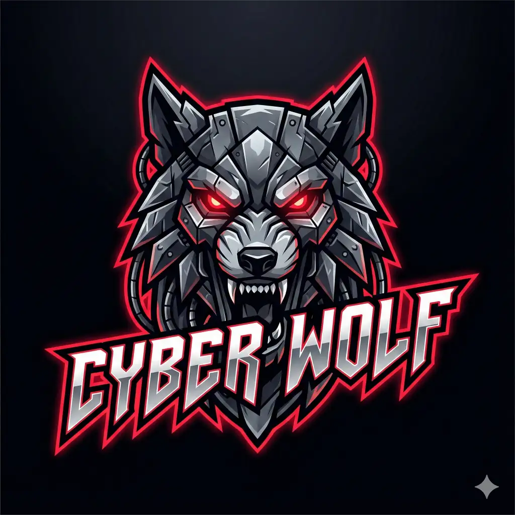 Create an aggressive esports logo featuring a robotic wolf head with glowing red eyes. The text "CYBER WOLF" should be placed in the foreground, overlapping the bottom of the wolf illustration. The text must be in a sharp, futuristic custom font with jagged edges, colored in a metallic silver gradient with a glowing red outer stroke to match the eyes. The background is deep black. Aspect ratio 1:1.