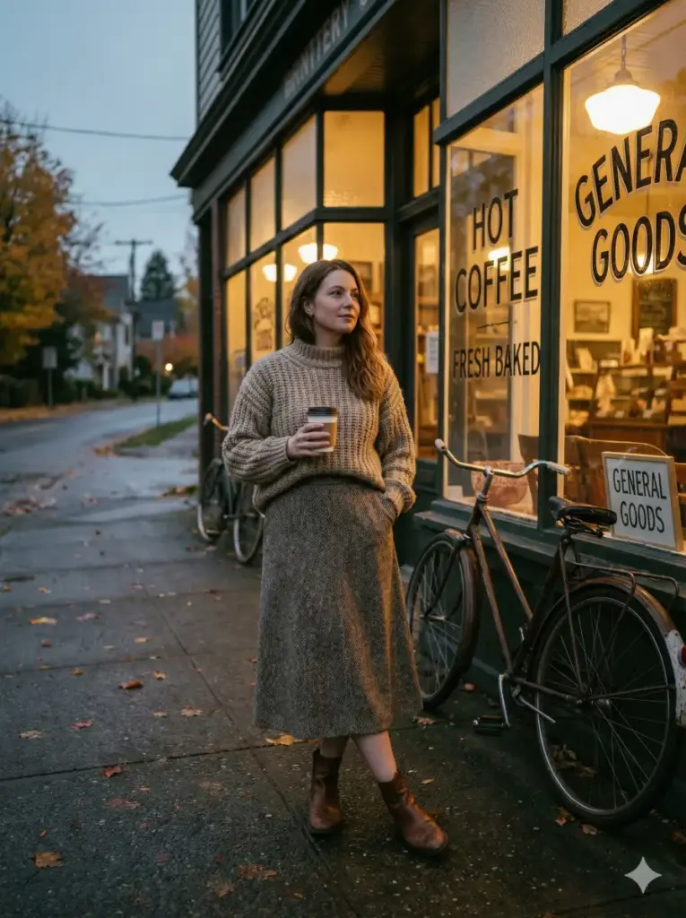 Create a cinematic portrait of a woman standing outside a vintage corner store while wearing a soft knit sweater, a midi skirt, and ankle boots. Show her holding a takeaway coffee cup with one hand in her pocket. Use warm practical lighting from the store windows that illuminates her face. Keep the color tone cozy with gentle contrast. Add handwritten signs, bicycles, and a quiet street in the background. Use aspect ratio 3:4.