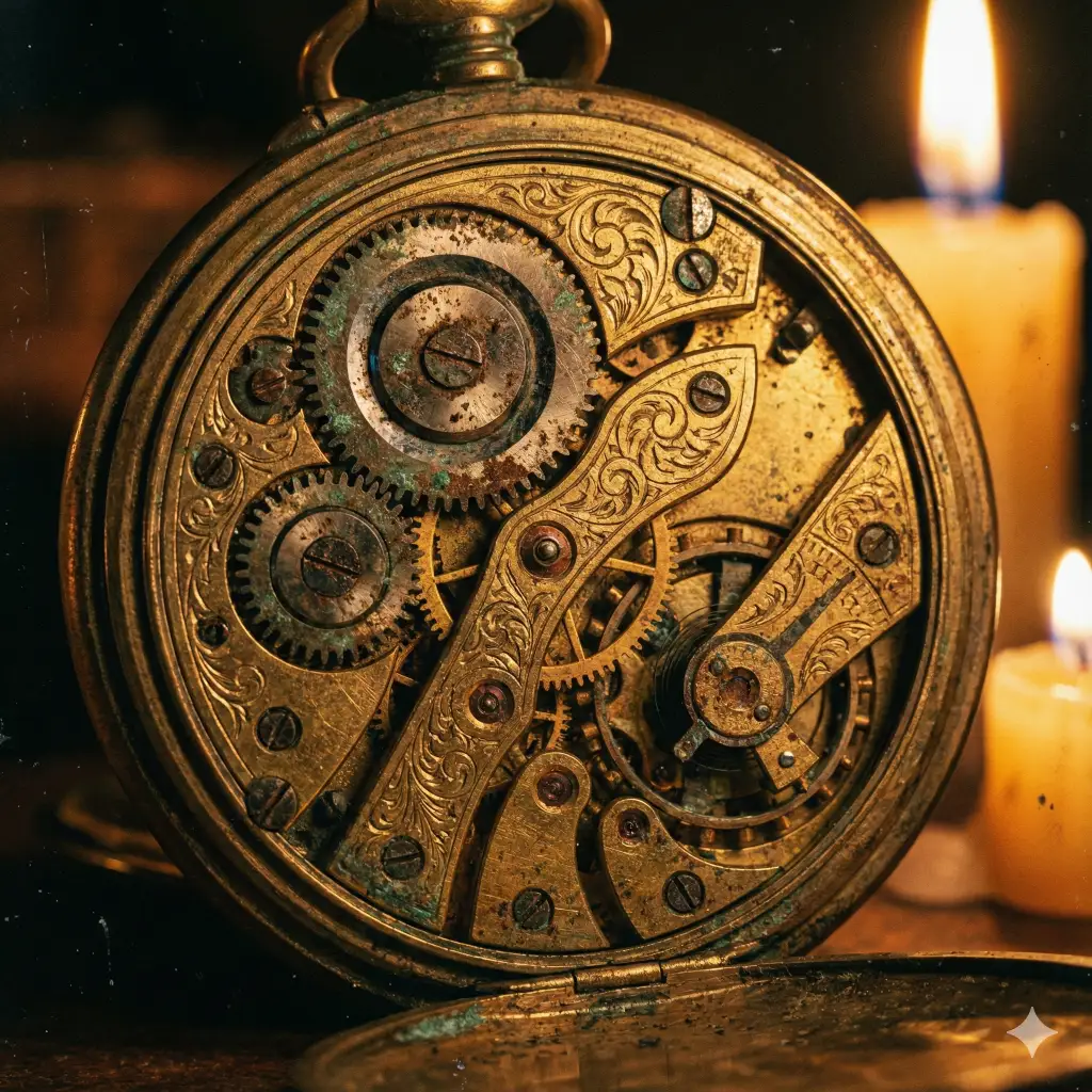 Create a mechanical close up of the internal gears of an antique brass pocket watch. Focus on the rust, patina, and engraved details of the cogs. The lighting should be moody and warm, resembling candlelight, to emphasize the metallic textures and history of the object. Aspect Ratio 1:1.