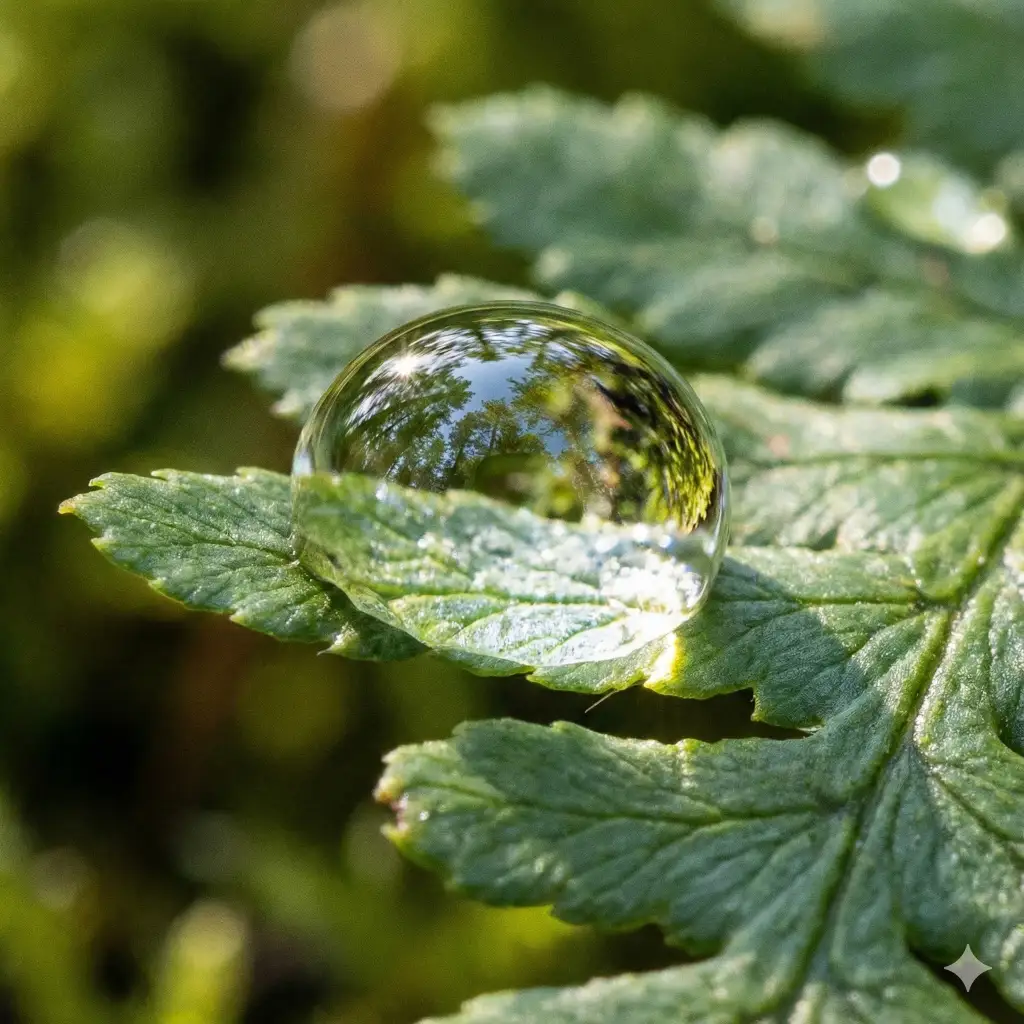 Create a macro close up of a single dew drop resting on the edge of a green fern leaf. Inside the water droplet, show a refracted reflection of the surrounding forest. The lighting should be crisp and fresh, emphasizing the translucency of the water and the veins of the leaf. Aspect Ratio 1:1.