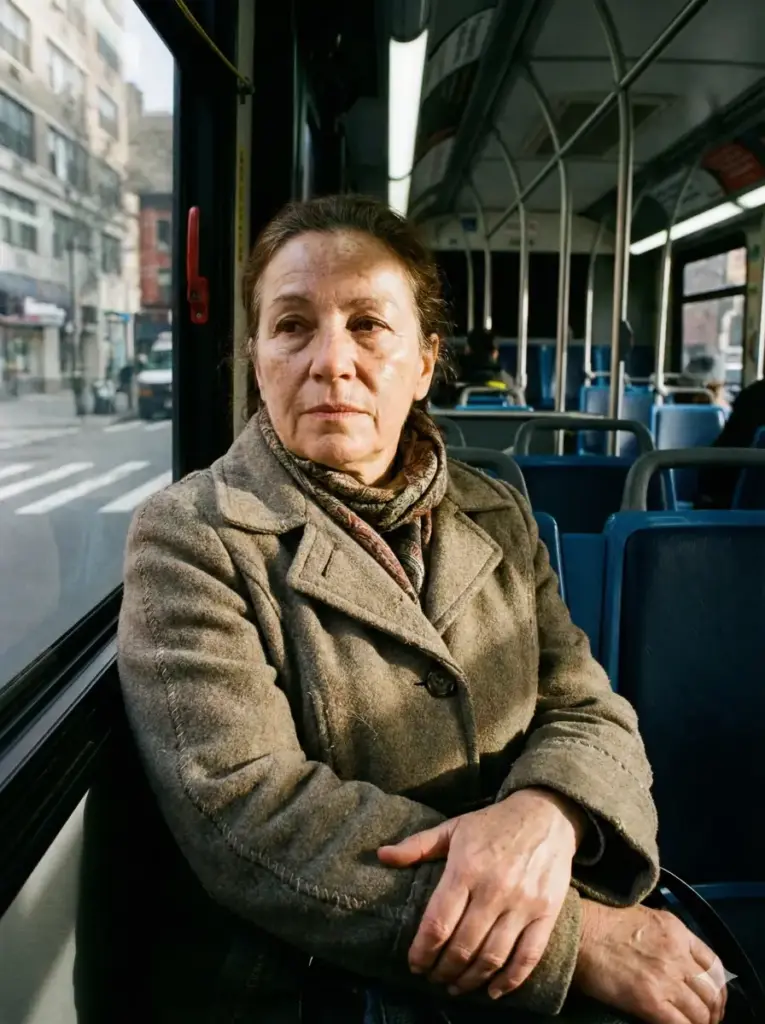 Create a hyper realistic photo of a middle-aged woman sitting on a public bus seat near the window, hands folded loosely in her lap. She is wearing a patterned scarf and a casual coat with visible stitching and fabric wear. Window light illuminates her face unevenly, showing natural wrinkles, freckles, and subtle shine on the skin. The background includes blurred seats, handrails, and passing scenery, with slight motion blur similar to a real handheld photo. Use aspect ratio 3:4.