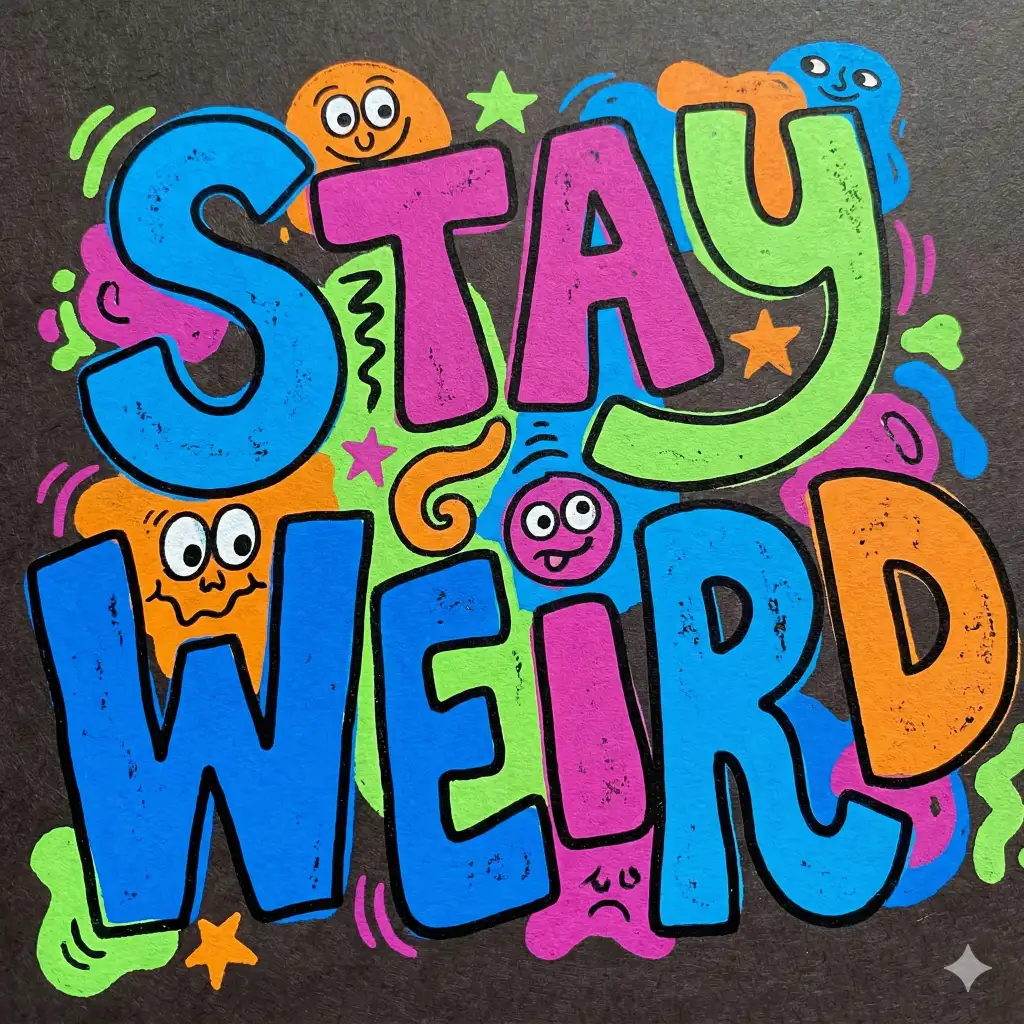 Create bold hand-drawn lettering displaying the text “STAY WEIRD” with chunky uneven letterforms, playful curves, and exaggerated proportions. Use vibrant contrasting colors, thick outlines, and a slightly rough screen-print texture. Add quirky cartoon faces, abstract shapes, and doodles interacting with the lettering on a dark background. Use aspect ratio 1:1.