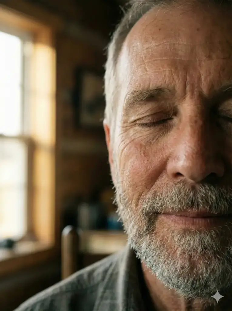 Create a soulful close emotional portrait of a man with closed eyes, slow calm expression as if breathing in peace, soft morning light illuminating half of his face, minimal background with soft blur, natural skin tones, visible pores and fine lines, intimate framing, quiet emotional mood, realistic cinematic photography. Use aspect ratio 3:4.