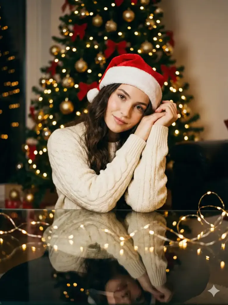 Create a cozy, cinematic Christmas portrait of a young woman centered in the frame, wearing a classic red Santa hat with white trim and a soft, cream-colored knitted sweater. She is leaning forward with her forearms resting on a glossy, reflective glass table, hands gently folded, creating a clear mirror reflection beneath her. Her expression is calm and confident, with flawless natural makeup. Her long hair falls smoothly over her shoulders in loose waves. Behind her stands a beautifully decorated Christmas tree, softly out of focus, adorned with warm white fairy lights, gold and red ornaments, and subtle festive sparkle, creating a rich bokeh effect. Additional string lights are draped across the foreground on the table, adding depth and a magical glow. The lighting is warm, soft, and diffused, emphasizing a holiday atmosphere with gentle highlights and smooth shadows. Use aspect ratio 3:4.