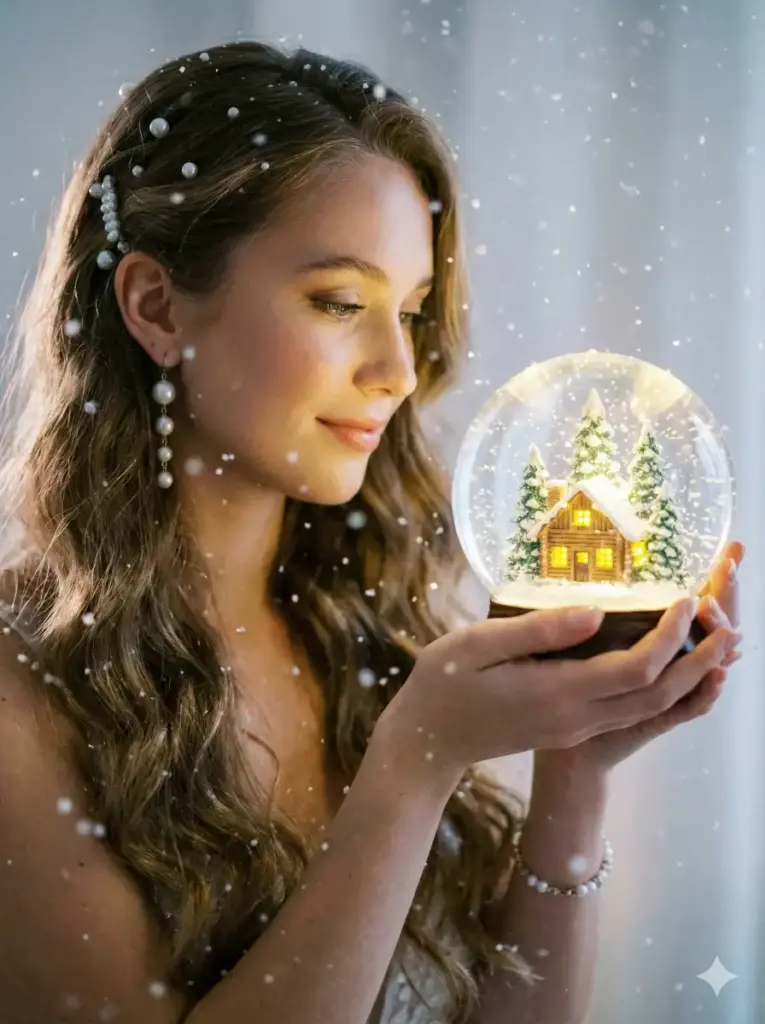 Create a dreamy Christmas portrait of a young woman holding a glowing snow globe delicately with both hands at chest level. Inside the snow globe is a miniature winter scene: a cozy wooden cabin with warm yellow lights shining through the windows, surrounded by snow-covered pine trees, gently illuminated from within. Tiny snow particles float softly around the globe and in the air, enhancing a magical, fairytale atmosphere. The woman has soft, feminine features and a serene, affectionate expression as she gazes down at the snow globe. Her long hair is styled in smooth, voluminous waves, adorned with subtle pearl hair accents. She wears elegant pearl drop earrings and a matching pearl bracelet, adding refined holiday glamour. Use aspect ratio 3:4.