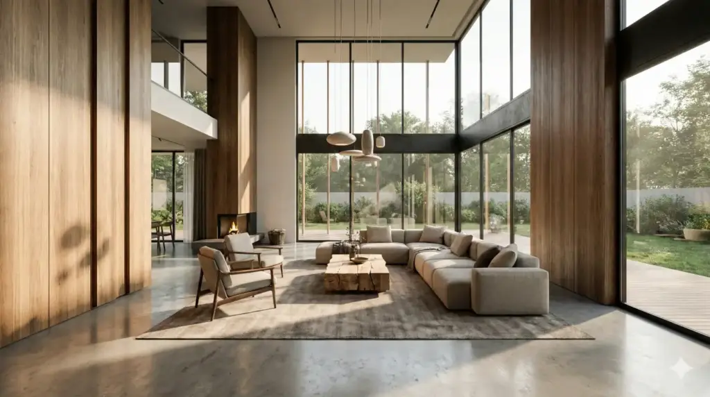 Create a realistic 3D interior architectural render of a modern living room with double-height ceiling, concrete flooring, wooden wall panels, and large glass windows. Natural daylight creates soft shadows and realistic reflections. Use aspect ratio 16:9.