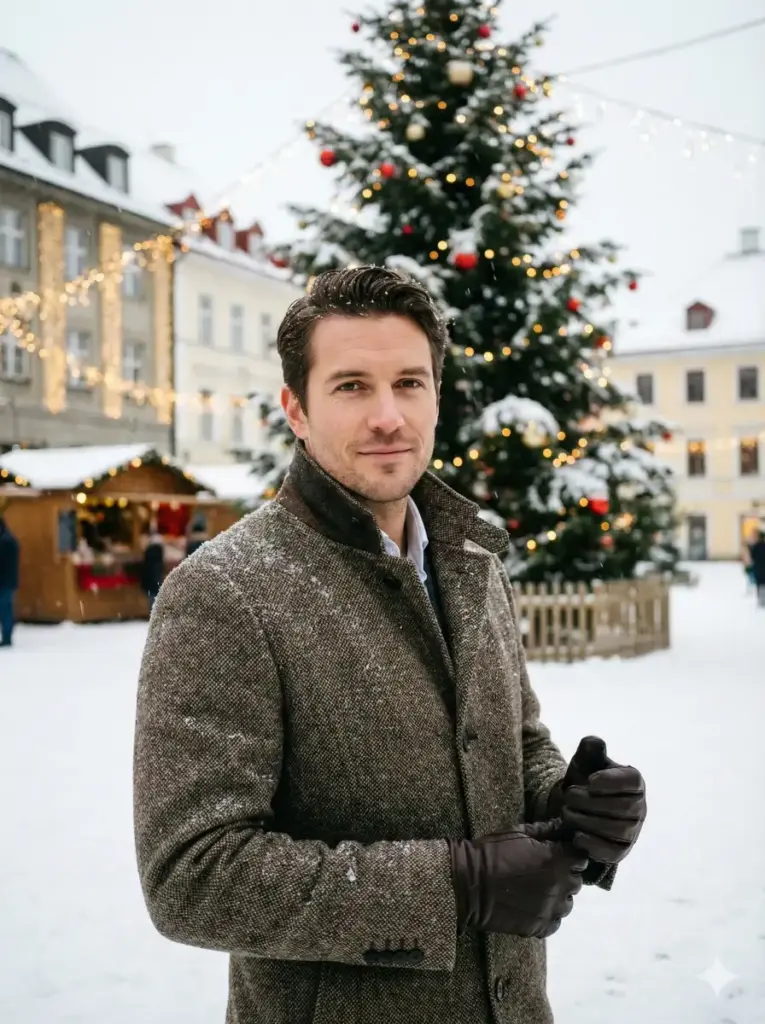 Create a stylish winter Christmas portrait of a man standing near a decorated outdoor tree, wearing a wool coat and gloves, soft snow settling on his shoulders, festive lights around a town square behind him, relaxed posture, confident expression, cinematic tone, 3:4 aspect ratio.
