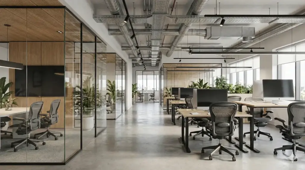Create a modern office interior architectural visualization with open workspace layout, glass partitions, ceiling services visible, and ergonomic furniture. Even lighting and realistic spatial depth. Use aspect ratio 16:9.