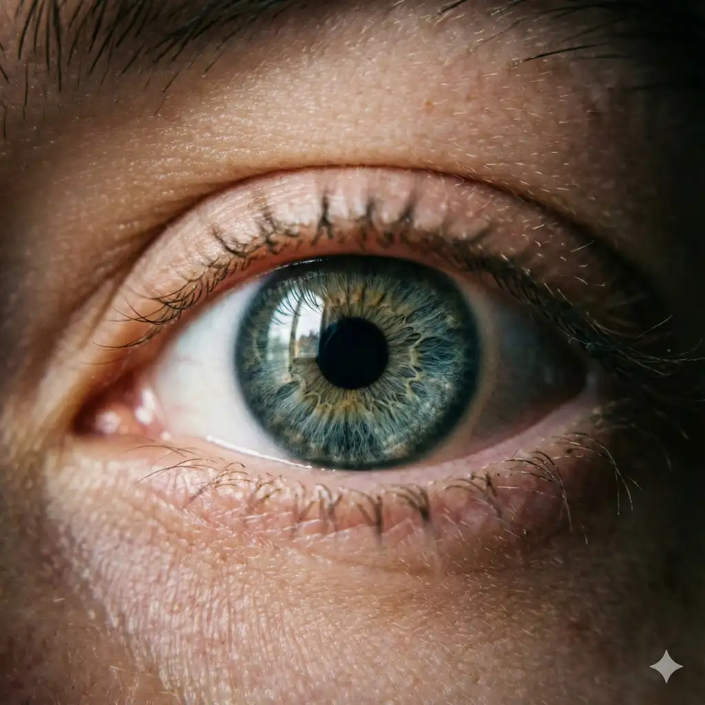 Create an extreme close up shot of human eyes, capturing fine details like eyelashes, skin pores, light reflections in the iris, ultra sharp focus, cinematic lighting, minimal background. Use aspect ratio 1:1.