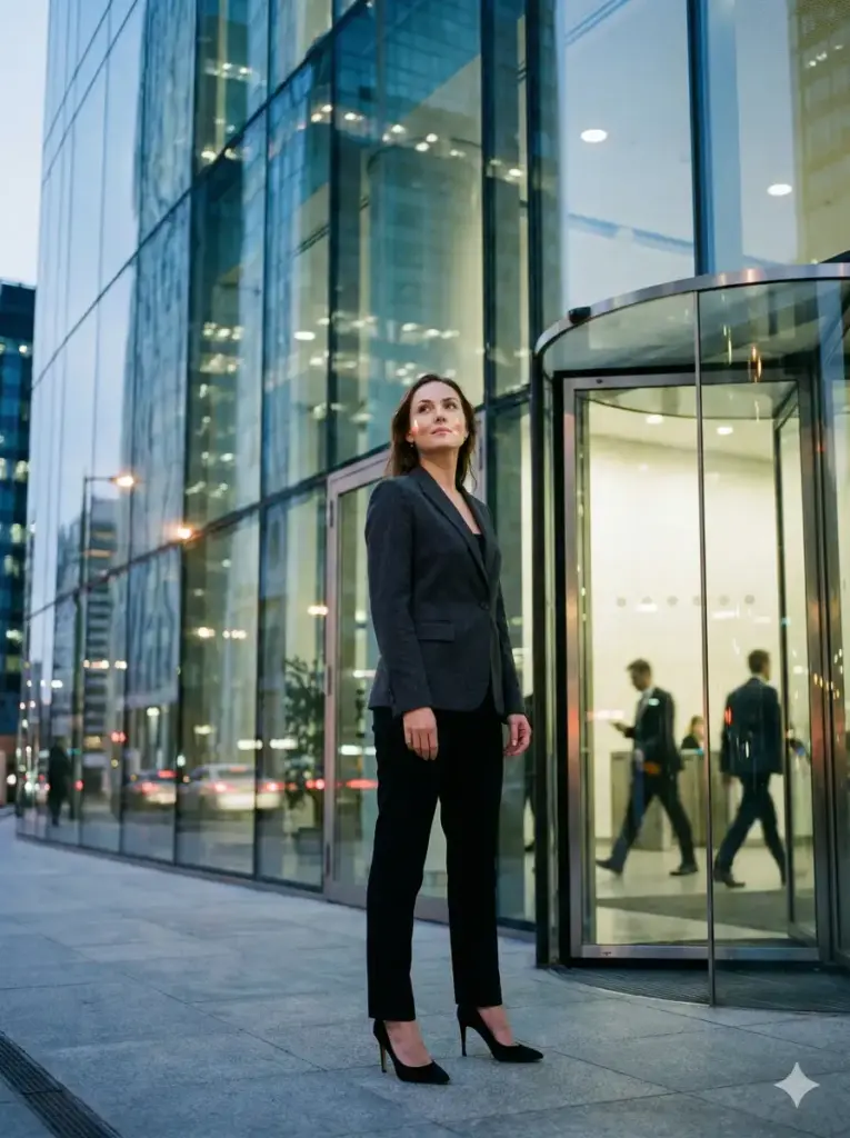 Create a cinematic portrait of a woman standing near the entrance of a tall glass tower while wearing a fitted blazer, straight trousers, and sleek heels. Show her looking slightly upward as the reflections of city lights shimmer on the building. Use cool evening lighting with soft highlights on her face. Keep the color tone crisp with gentle contrast. Add revolving doors and blurred silhouettes of office workers in the background. Use aspect ratio 3:4.