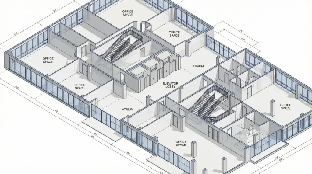 Create a detailed BIM visualization of a commercial building floor plan extruded into 3D, showing walls, doors, windows, stair cores, and elevator shafts. Minimal colors, technical presentation style, and precise alignment. Use aspect ratio 16:9.