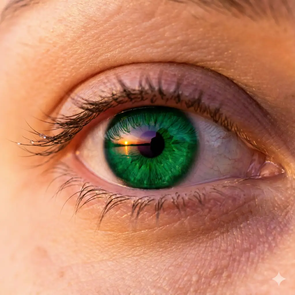 Create a hyper-realistic extreme close up of a human eye with a piercing emerald green iris. Capture the reflection of a warm sunset in the pupil, the intricate texture of the skin around the eye, and individual eyelashes. The lighting should be soft and golden, emphasizing the depth and moisture of the eye, macro photography style. Aspect Ratio 1:1.