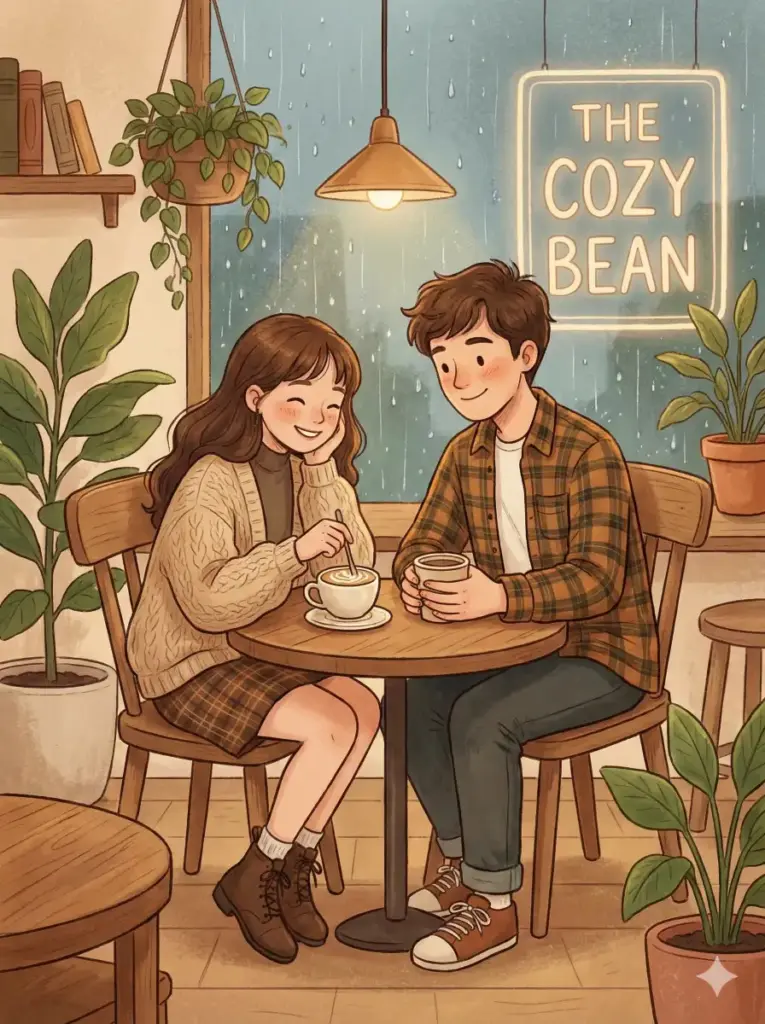 Create a cute illustration of a couple sitting across a small café table, leaning in toward each other with warm smiles. The girl stirs her latte while wearing a cozy cardigan and plaid skirt. The boy holds a cup with both hands while wearing a casual flannel shirt. Add indoor plants, warm wooden textures and a soft glowing café sign behind the window. Use aspect ratio 3:4.