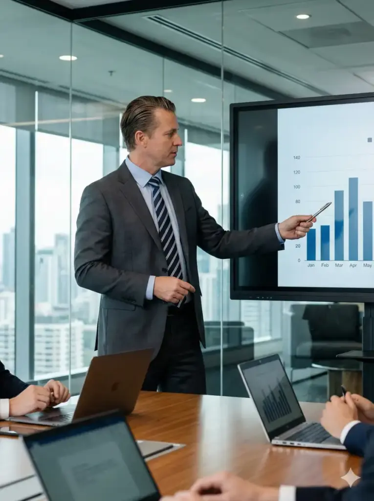 Create a mid shot of a male corporate leader presenting data during a meeting, standing next to a digital display, pointing at a bar graph with a sleek metal pen. Dress him in a charcoal grey suit, light blue shirt, and striped tie, hair neatly combed back. Add a polished wooden boardroom table, laptops open in front of colleagues, glass walls, and a panoramic skyline behind them. Lighting should feel premium and balanced, with reflections on the glass and table surface. Include subtle depth of field for realism, aspect ratio 3:4.