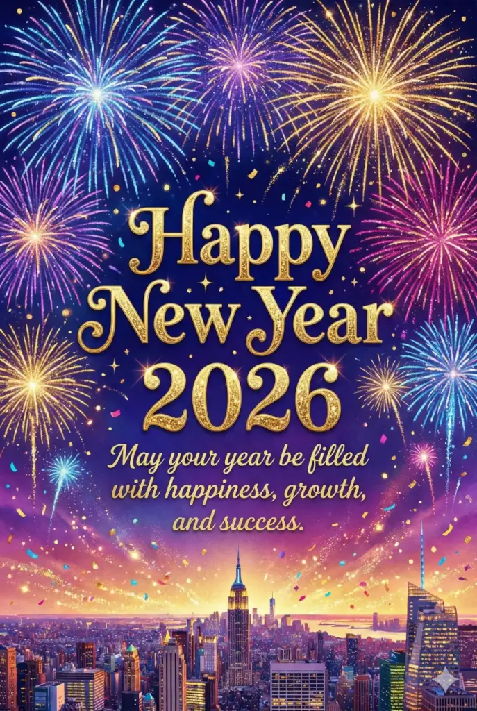 Create a vibrant New Year greeting card featuring colorful fireworks bursting across a night sky above a city skyline. Use rich blues, purples, and gold highlights. Place celebratory typography in the center that reads "Happy New Year 2026" and add a friendly message below saying "May your year be filled with happiness, growth, and success." Use aspect ratio 2:3.