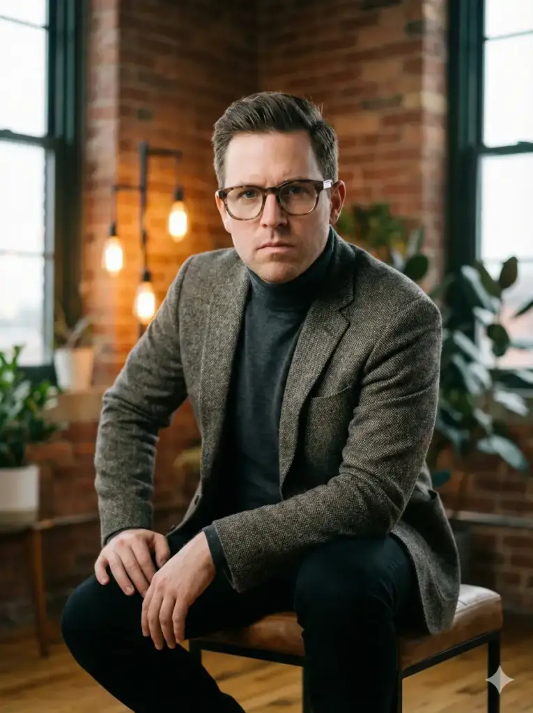 Create a stunning professional headshot of a male creative director in a modern, industrial loft-style workspace. He is wearing a charcoal grey turtleneck sweater under a textured tweed blazer, giving off a sophisticated smart-casual vibe. He wears stylish, thick-rimmed acetate glasses. He is seated on a leather stool, leaning forward slightly with elbows on knees, looking directly into the camera with an intense, intelligent expression. The background involves exposed brick walls, soft warm tungsten lighting, and out-of-focus indoor plants to add depth. Shot with a shallow depth of field (f/1.8). Aspect ratio 3:4.