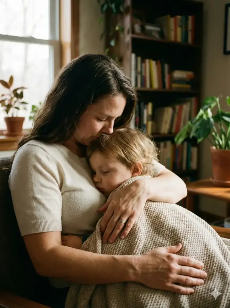 Create a soulful image of a mother holding her sleeping child close to her chest, tender expression filled with love and protection, warm indoor lighting, soft shadows, gentle skin textures, natural colors, peaceful atmosphere, emotional realism, focus on human connection, high detail photography. Use aspect ratio 3:4.