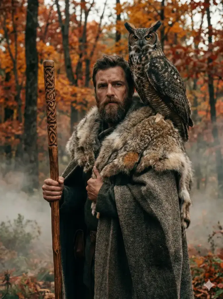 Create a striking photo of a handsome man with a rugged beard standing in an autumn forest. He is wearing a cloak made of textured wool and fur, holding a wooden staff carved with intricate celtic knots. A large, majestic owl is perched on his shoulder. The leaves around them are vibrant orange and red, and a low fog rolls across the forest floor. The lighting is moody and atmospheric. Use 3:4 aspect ratio.