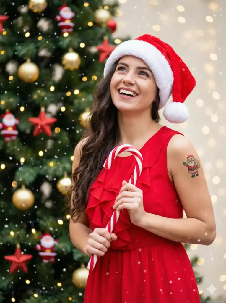 Create photo of a joyful woman standing in front of a beautifully decorated Christmas tree, wearing a vibrant red sleeveless dress with layered ruffles on the chest and a classic red-and-white Santa hat. She has long, wavy dark hair falling over one shoulder, and she is holding a large red-and-white striped candy cane with both hands. Light snowfall surrounds her, creating a soft, magical atmosphere. Her expression is warm and delighted as she looks slightly upward with a bright smile. A small Santa-themed tattoo is visible on her upper arm. The Christmas tree behind her is adorned with golden baubles, red stars, and small Santa ornaments, glowing with soft yellow fairy lights. Depth of field is shallow, with a creamy bokeh effect from the tree lights. Style is festive, cinematic, and vibrant, with natural skin tones and soft winter lighting. Use aspect ratio 3:4.