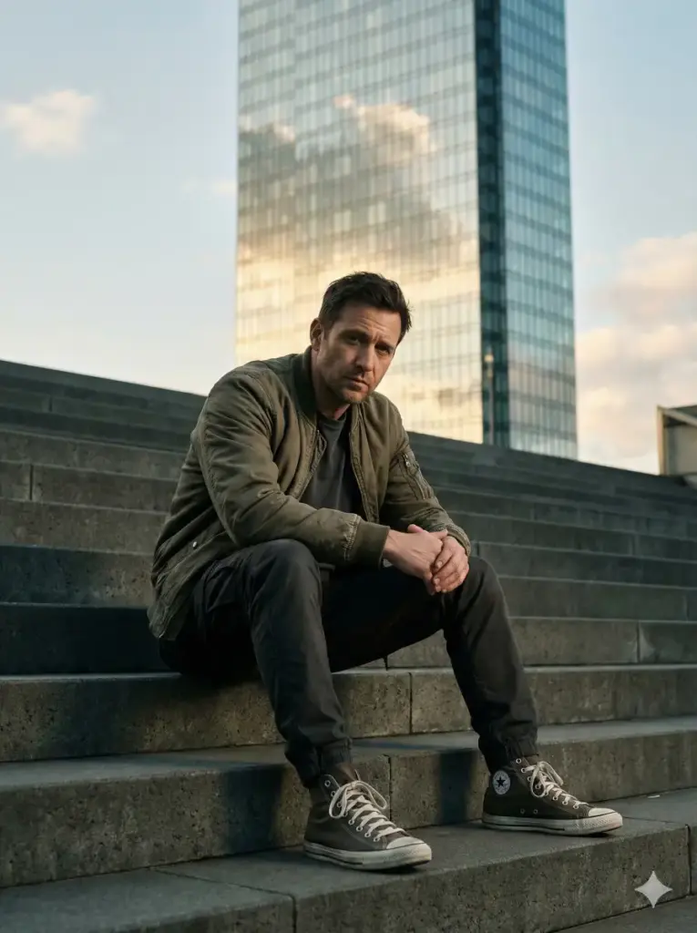 Create a cinematic portrait of a man sitting on wide concrete stairs while wearing a casual bomber jacket, plain tee, cargo pants, and high-top sneakers. Show him leaning forward with elbows resting on his knees. Use late afternoon lighting that casts long shadows across the stairs. Keep the color tone muted and slightly contrasty. Position a towering skyscraper in the background with reflections of the sky. Use aspect ratio 3:4.