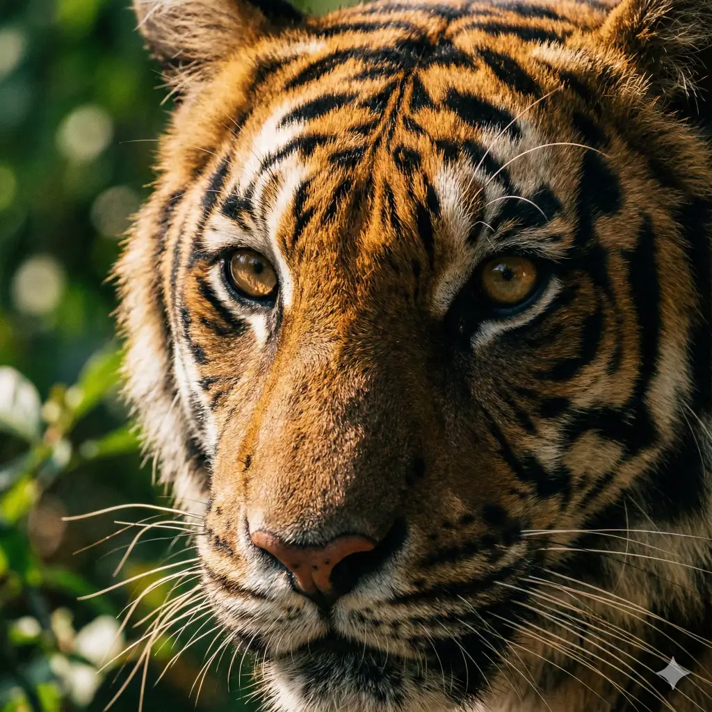 Create a close up highly detailed photo of a tiger's face showing sharp whiskers, amber eyes, and rich orange fur with bold black stripes. Add dramatic lighting and a soft jungle green blur behind the tiger. Use aspect ratio 1:1.
