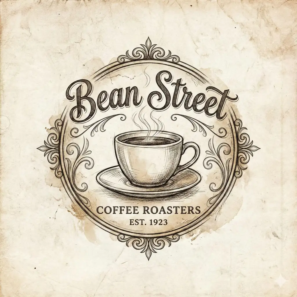 Create a vintage style coffee shop logo in aspect ratio 1:1. The logo should resemble a hand sketched emblem with a steaming cup at the center, ornamental strokes around it, and a circular border. Include the text Bean Street written in a script font. Texture should feel slightly rough to convey warmth and authenticity.
