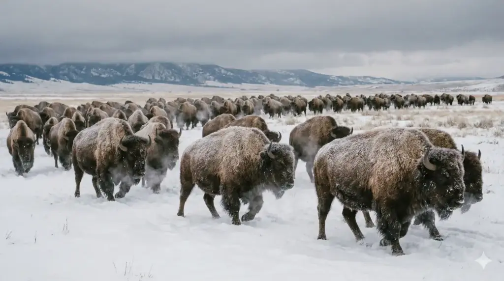 Create a powerful wildlife photograph of a herd of bison moving through a snowy plain, thick fur coated with frost, visible breath in cold air, heavy footsteps compressing snow, muted winter tones, overcast sky, strong sense of scale, professional documentary wildlife realism. Use aspect ratio 16:9.