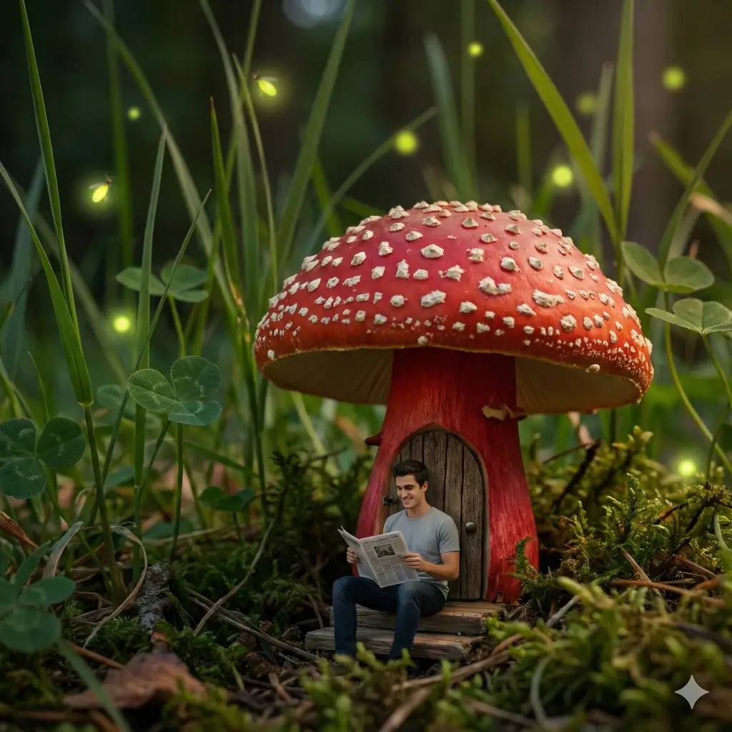Create a cozy miniature image of the person in the attached photo sitting on the doorstep of a house carved into the stem of a red spotted mushroom. They are reading a tiny newspaper. Tall blades of grass tower over them like trees. Fireflies are starting to glow in the background. Magical atmosphere. Aspect ratio 1:1.