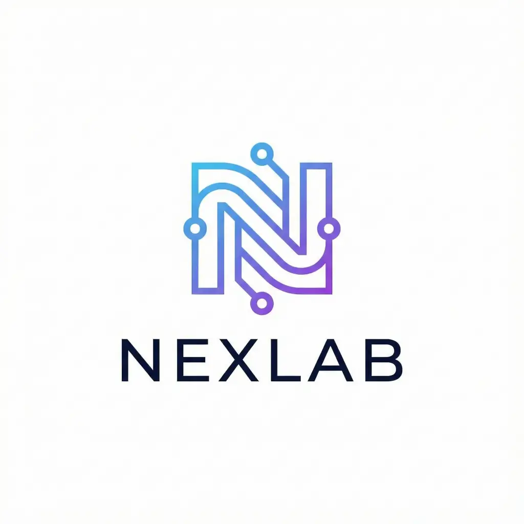 Create a minimalist tech company logo in aspect ratio 1:1. The logo should feature clean geometric shapes forming an abstract circuit inspired symbol, thin balanced lines, smooth curves, and subtle gradients. Include the text NEXLAB in a modern sans serif font. Keep the overall look sleek and futuristic while retaining clarity at small sizes.