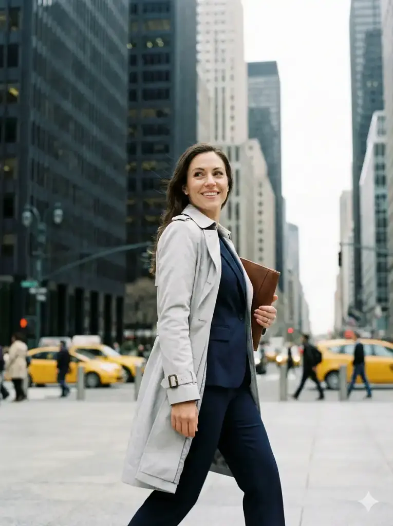 Create an outdoor corporate portrait of a business professional walking through a financial district. The subject is wearing a light grey trench coat over business attire, holding a leather portfolio case. The posture is active; captured mid-stride, looking over the shoulder with a genuine, confident smile. The background features blurred towering skyscrapers and busy city street elements, but the subject is sharply in focus. The lighting is natural overcast daylight, providing soft, even illumination without harsh shadows. Aspect ratio 3:4.