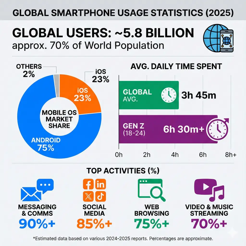 Create a statistical infographic showing global smartphone usage statistics, including percentages, bar charts, pie charts, and bold numbers. Use modern flat design, contrasting colors, and minimal text to highlight key data points clearly. Use aspect ratio 1:1.