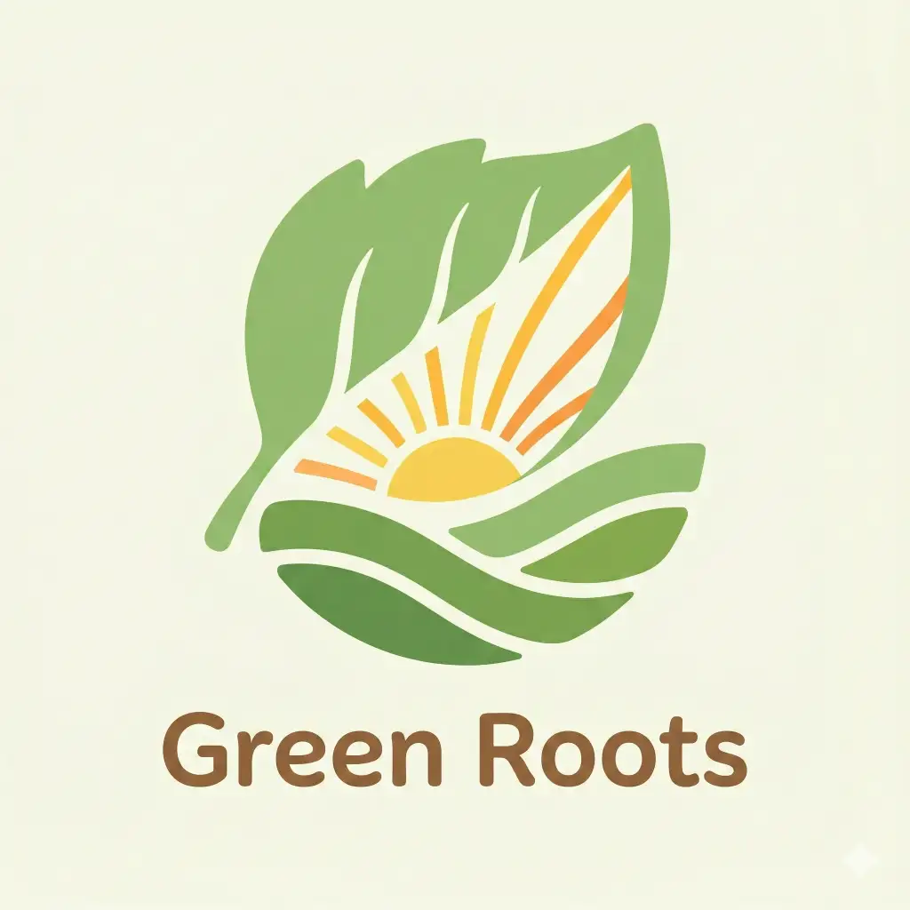 Create an eco friendly farming logo in aspect ratio 1:1. Feature a stylized green leaf combined with sunrise lines and rolling hill contours. Use soft shapes and natural curves with flat solid colors. Include the text Green Roots in a simple rounded font that reflects sustainability.