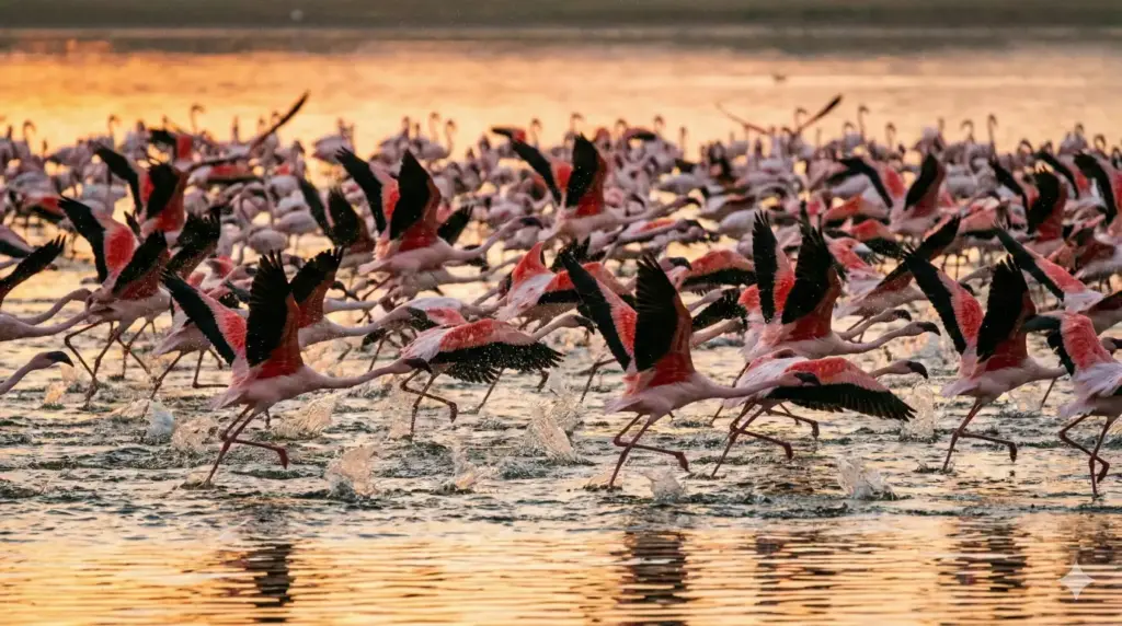 Create a breathtaking wildlife photograph of a flock of flamingos taking off from shallow water, wings spread showing pink and black feather patterns, water splashes frozen mid-air, soft sunrise light reflecting on the water surface, wide cinematic composition, realistic bird behavior and movement. Use aspect ratio 16:9.