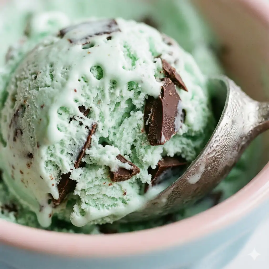 Create a detailed macro photograph of a scoop of mint chocolate chip ice cream, highlighting the porous creamy texture and the chunks of dark chocolate, with condensation forming on the spoon, soft pastel colors, use aspect ratio 1:1.