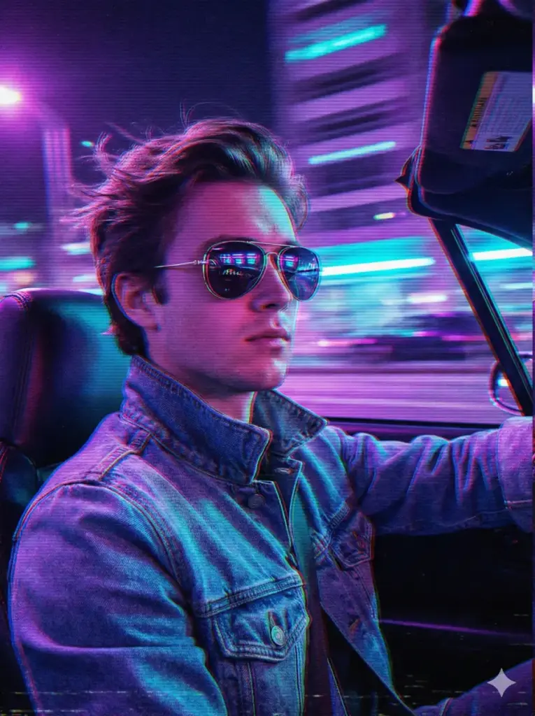 Create a synth-wave aesthetic portrait of a young man driving a convertible sports car at night. The shot is taken from the passenger seat looking at the driver. He is wearing a denim jacket with the collar popped and aviator sunglasses reflecting the dashboard lights. The wind is blowing through his hair. The background is a blur of purple and cyan motion lines from city streetlights. The image should have a slight VHS glitch effect or chromatic aberration to give it a retro 1980s blockbuster feel. Use aspect ratio 3:4.