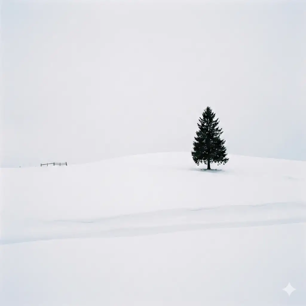 Create a minimalist winter landscape composed almost entirely of soft white snow and pale sky. A single dark evergreen tree stands alone slightly right of center on a gentle, snow-covered hill, its silhouette crisp and calm against the blank surroundings. Far in the distance to the left, a small, barely visible wooden fence breaks the horizon line, adding scale and subtle narrative without disrupting the emptiness. The scene is enveloped in overcast light, with no direct sunlight just diffuse, even illumination that flattens contrast and softens shadows. The snow appears smooth and uninterrupted, forming delicate rolling layers and faint tonal variations rather than sharp detail. Use aspect ratio 1:1.
