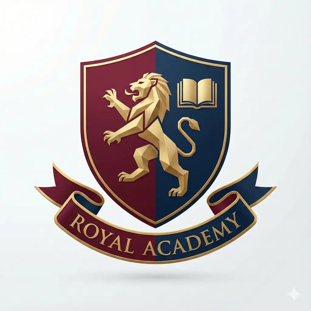 Create a modern logo for a private university. The design features a shield containing a lion and an open book. Below the shield, include a ribbon banner. The text "ROYAL ACADEMY" must be inscribed on the ribbon in a traditional Latin serif font (like Trajan), following the curvature of the banner. The text color is gold, and the shield uses deep maroon and navy blue. Aspect ratio 1:1.