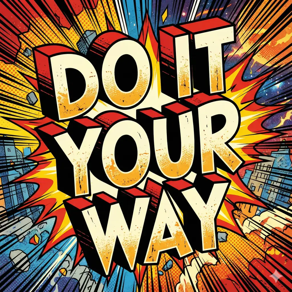 Create bold comic-style lettering featuring the text "DO IT YOUR WAY" with dramatic perspective, thick outlines, and high-energy composition. Add halftone textures, action bursts, and punchy colors to make the lettering feel expressive and visually striking. Use aspect ratio 1:1.