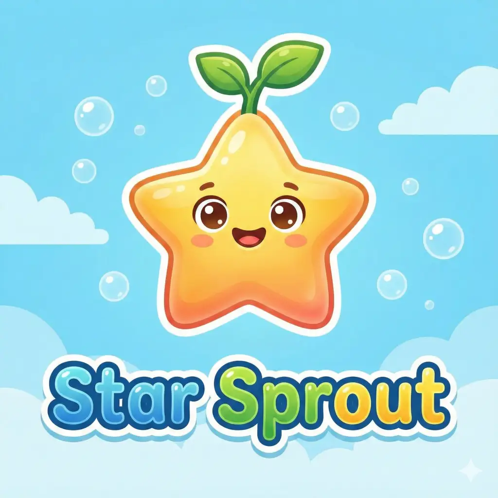 Create a friendly kids product logo in aspect ratio 1:1. Use a smiling cartoon star character with big eyes, rounded edges, and soft shading. Keep colors playful and bright. Include the text Star Sprout in a bubbly rounded font that matches the cheerful theme.