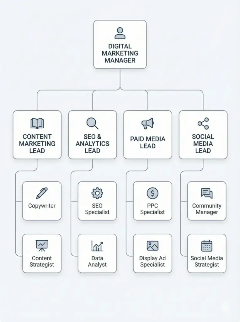 Create a hierarchical infographic showing the structure of a digital marketing team, starting from manager at the top and team roles below, connected with lines and icons. Use a minimal corporate design style. Use aspect ratio 3:4.
