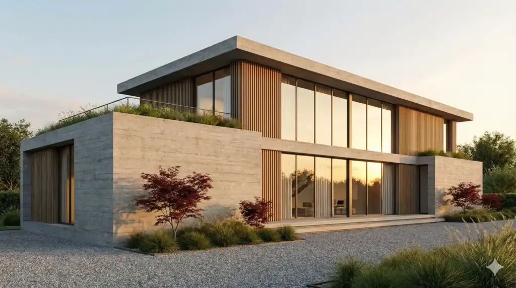 Create a photorealistic 3D exterior render of a modern two-story residential house with exposed concrete walls, large glass windows, and wooden facade accents. The building is surrounded by minimal landscaping with small trees and grass. Golden hour lighting creates soft shadows and warm reflections. Professional architectural visualization quality. Use aspect ratio 16:9.
