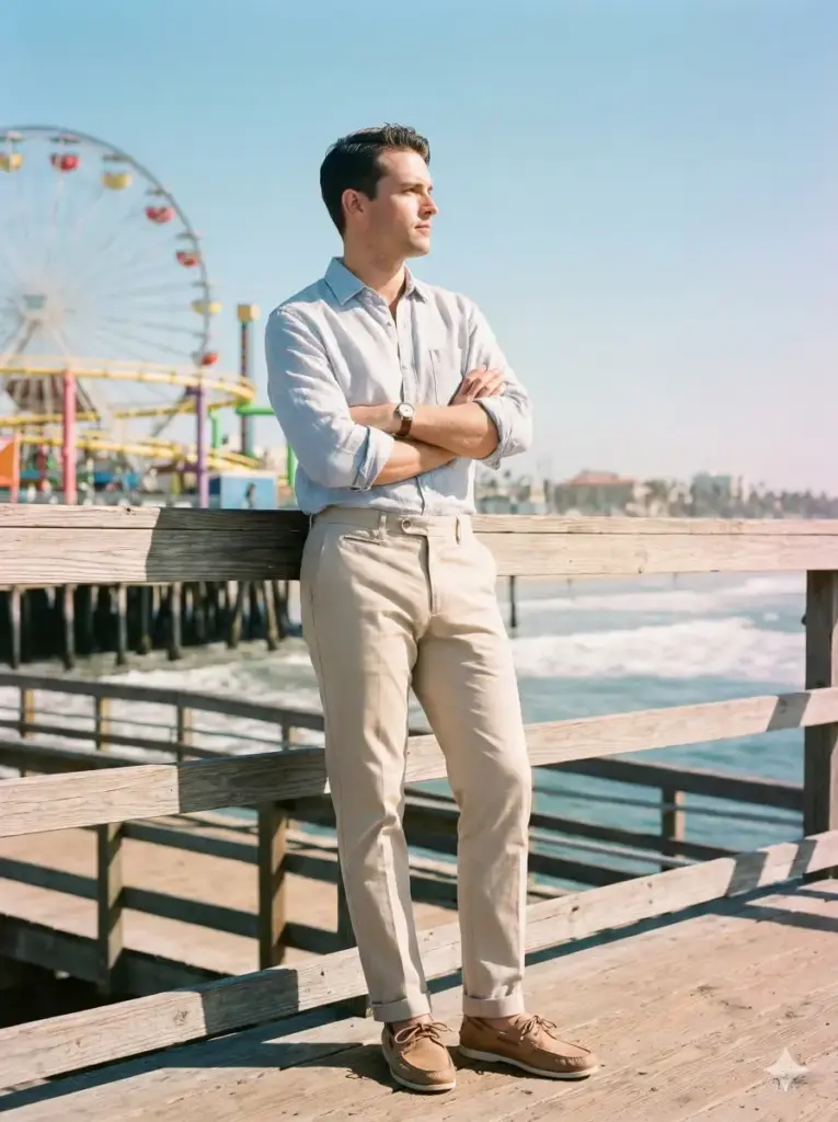 Create a stylish vintage portrait of a man wearing rolled sleeve linen shirts, tailored chinos and boat shoes. He should stand with both arms crossed as he looks toward the horizon. Use bright coastal lighting that creates crisp highlights on his clothes. Add a slightly faded pastel tone. Include wooden boardwalk rails, a Ferris wheel and distant waves in the background. Use aspect ratio 3:4.